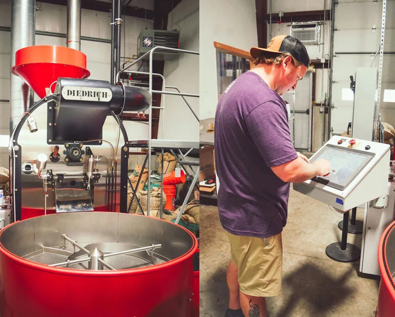 The Diedrich coffee roaster at Mike Shea's roastery, and Mike Shea at the roaster controls
